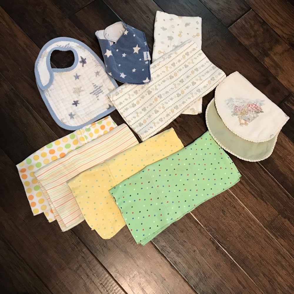 Lot of 9. Burp cloths and baby bibs.